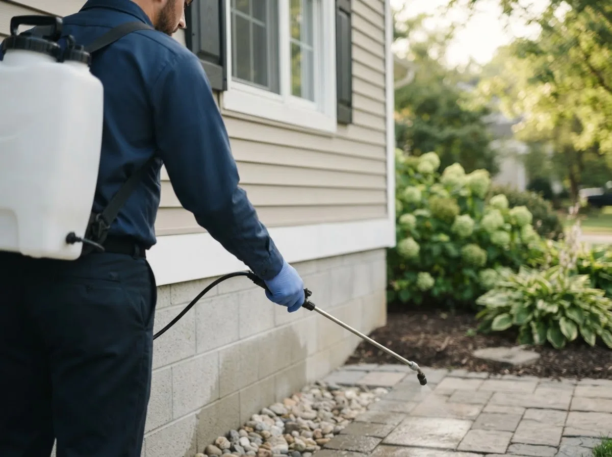 Pest control technician inspecting a home in Benwood, WV